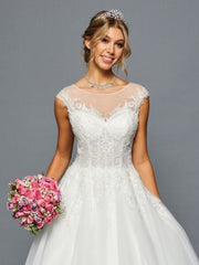 Elegant A-Line Short Boat Neckline Cap Sleeves Beaded Lace Applique Wedding Dress