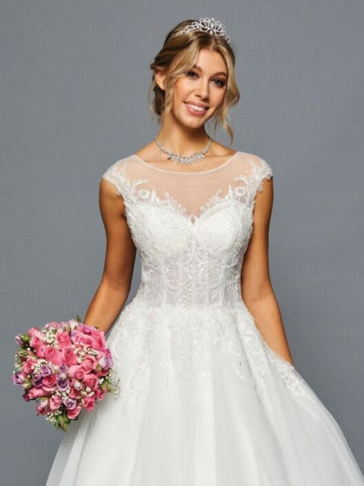 Elegant A-Line Short Boat Neckline Cap Sleeves Beaded Lace Applique Wedding Dress