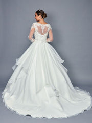 Elegant Long Sleeve V-Neck A-Line Ballgown Beaded Lace Wedding Dress