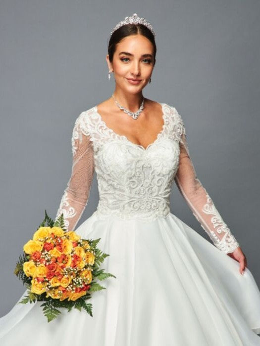 Elegant Long Sleeve V-Neck A-Line Ballgown Beaded Lace Wedding Dress