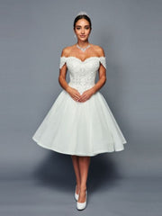 Off The Shoulder A-Line Short Beaded Lace Sequin Applique Wedding Dress