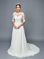 Elegant Boat Neckline Illusion Half Sleeves Beaded Lace A-Line Chiffon Court Train Wedding Dress