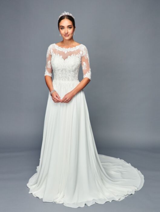 Elegant Boat Neckline Illusion Half Sleeves Beaded Lace A-Line Chiffon Court Train Wedding Dress