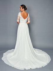 Elegant Boat Neckline Illusion Half Sleeves Beaded Lace A-Line Chiffon Court Train Wedding Dress