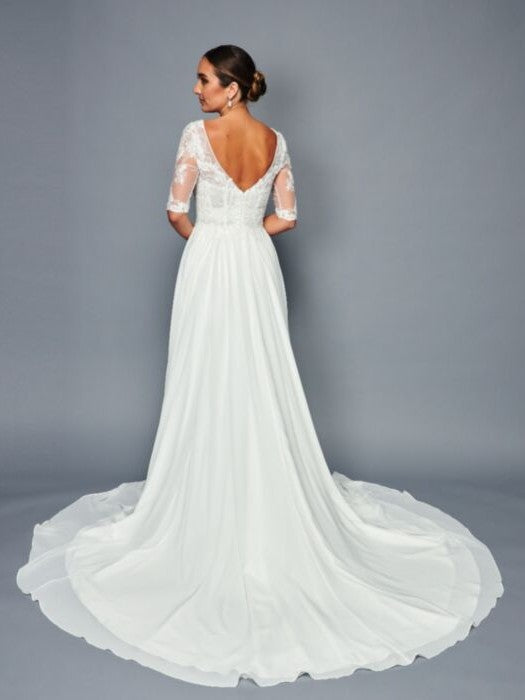 Elegant Boat Neckline Illusion Half Sleeves Beaded Lace A-Line Chiffon Court Train Wedding Dress