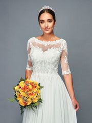 Elegant Boat Neckline Illusion Half Sleeves Beaded Lace A-Line Chiffon Court Train Wedding Dress