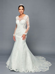 Illusion Boat Neckline Long Sleeve Trumpet Mermaid Court Train Wedding Dress