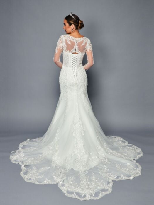 Illusion Boat Neckline Long Sleeve Trumpet Mermaid Court Train Wedding Dress