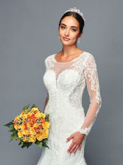 Illusion Boat Neckline Long Sleeve Trumpet Mermaid Court Train Wedding Dress