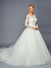 Long Sleeve Boat Neckline Pearl Beaded Lace A-Line Ballgown Wedding Dress