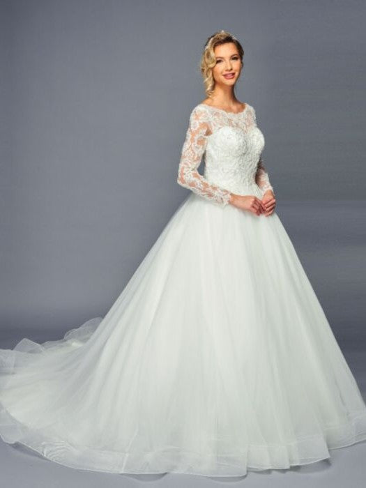 Long Sleeve Boat Neckline Pearl Beaded Lace A-Line Ballgown Wedding Dress