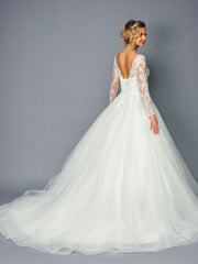 Long Sleeve Boat Neckline Pearl Beaded Lace A-Line Ballgown Wedding Dress