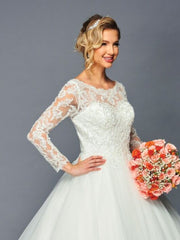 Long Sleeve Boat Neckline Pearl Beaded Lace A-Line Ballgown Wedding Dress