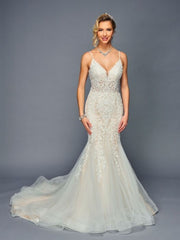 Elegant Spaghetti Straps V-Neck Mermaid Silhouette Beaded Lace Court Train Wedding Dress