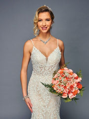 Elegant Spaghetti Straps V-Neck Mermaid Silhouette Beaded Lace Court Train Wedding Dress