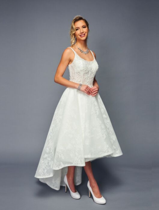 Elegant Square Neckline High-Low Skirt Beaded Lace Sequin Appliques Wedding Dress Ivory / XL Elegant Square Neckline High-Low Skirt Beaded Lace Sequin Appliques Wedding Dress Ivory / XL