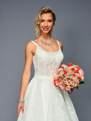 Elegant Square Neckline High-Low Skirt Beaded Lace Sequin Appliques Wedding Dress