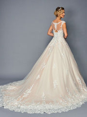 Elegant Illusion Boat Neck Beaded Lace A-Line Ballgown Wedding Dress