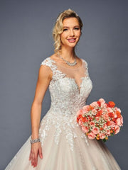 Elegant Illusion Boat Neck Beaded Lace A-Line Ballgown Wedding Dress