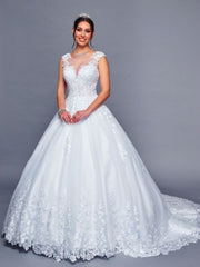 Elegant Illusion Boat Neck Beaded Lace A-Line Ballgown Wedding Dress