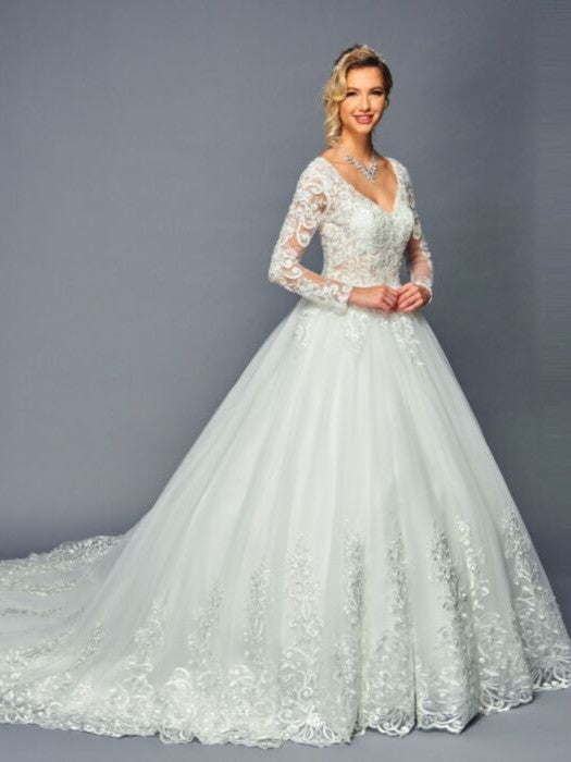 Elegant Long Sleeve V-Neck A-Line Beaded Lace Wedding Dress