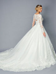 Elegant Long Sleeve V-Neck A-Line Beaded Lace Wedding Dress