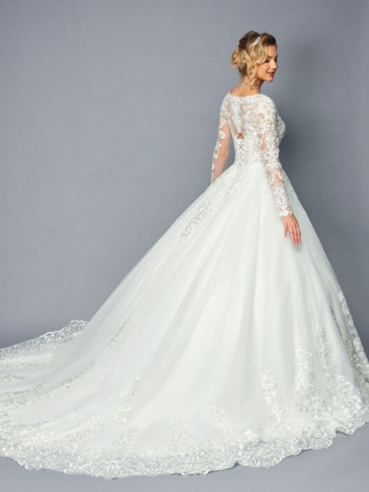 Elegant Long Sleeve V-Neck A-Line Beaded Lace Wedding Dress