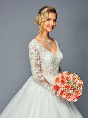 Elegant Long Sleeve V-Neck A-Line Beaded Lace Wedding Dress