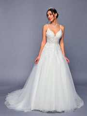 Elegant V-Neck Double Straps Beaded Lace A-Line Wedding Dress