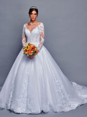 Classic Illusion Boat Neckline Beaded Lace A-Line Ballgown Wedding Dress
