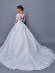 Classic Illusion Boat Neckline Beaded Lace A-Line Ballgown Wedding Dress