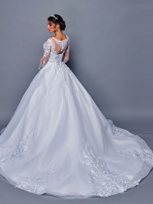 Classic Illusion Boat Neckline Beaded Lace A-Line Ballgown Wedding Dress