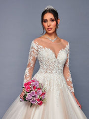 Classic Illusion Boat Neckline Beaded Lace A-Line Ballgown Wedding Dress