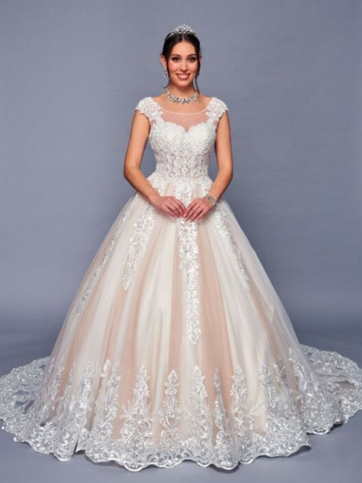 Exquisite Illusion Boat Neckline Cap Sleeves Beaded Lace Wedding Dress Ivory / XL