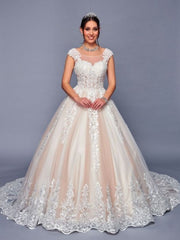 Exquisite Illusion Boat Neckline Cap Sleeves Beaded Lace Wedding Dress