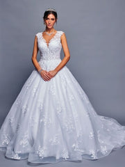 Nude Illusion Neckline Beaded Lace A-Line Ballgown Wedding Dress