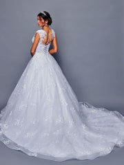 Nude Illusion Neckline Beaded Lace A-Line Ballgown Wedding Dress