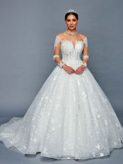 Illusion Boat Neckline Long Sleeves Beaded Lace A-Line Ballgown Wedding Dress