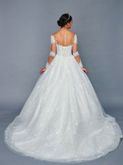 Illusion Boat Neckline Long Sleeves Beaded Lace A-Line Ballgown Wedding Dress