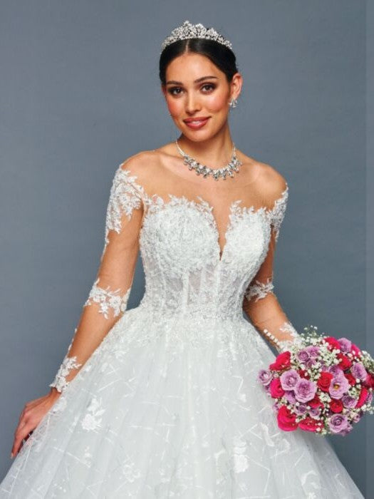 Illusion Boat Neckline Long Sleeves Beaded Lace A-Line Ballgown Wedding Dress