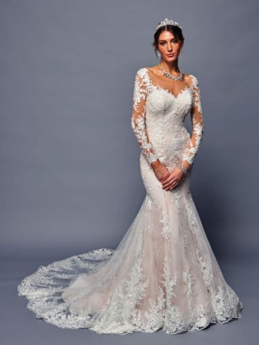 Nude Illusion V-Neckline Long Sleeves Beaded Lace Trumpet Silhouette Wedding Dress