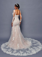 Nude Illusion V-Neckline Long Sleeves Beaded Lace Trumpet Silhouette Wedding Dress