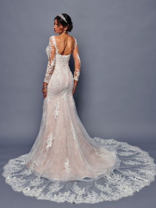 Nude Illusion V-Neckline Long Sleeves Beaded Lace Trumpet Silhouette Wedding Dress