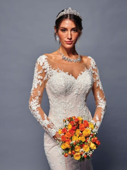 Nude Illusion V-Neckline Long Sleeves Beaded Lace Trumpet Silhouette Wedding Dress