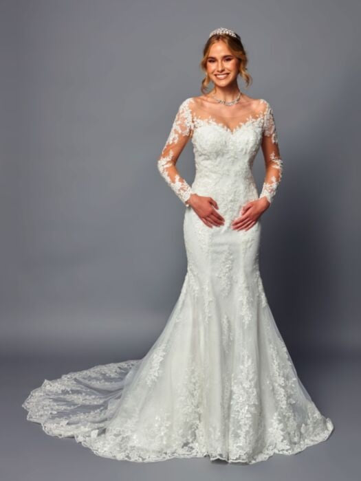 Nude Illusion V-Neckline Long Sleeves Beaded Lace Trumpet Silhouette Wedding Dress