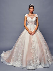 Stunning Illusion Boat Neckline A-Line Beaded Lace Chapel Train Wedding Dress