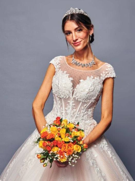 Stunning Illusion Boat Neckline A-Line Beaded Lace Chapel Train Wedding Dress