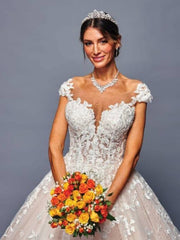 Stunning Illusion Boat Neckline A-Line Nude Silhouette Wedding Dress