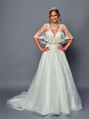 Stunning A-Line Illusion Tulle Bat Wing Sleeves Beaded Sequin Applique Wedding Dress