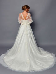 Stunning A-Line Illusion Tulle Bat Wing Sleeves Beaded Sequin Applique Wedding Dress